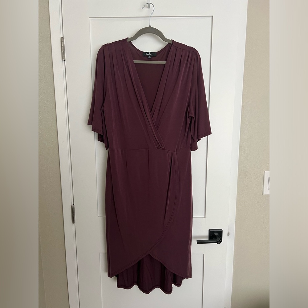 lulus mauve faux wrap midi dress with sleeves